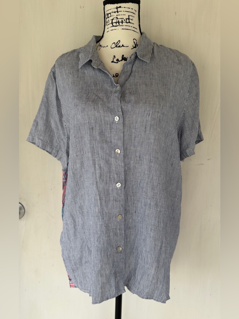 J. Jill Striped Front Shirt with Teal & Coral Patterned Back - Picture 2 of 9